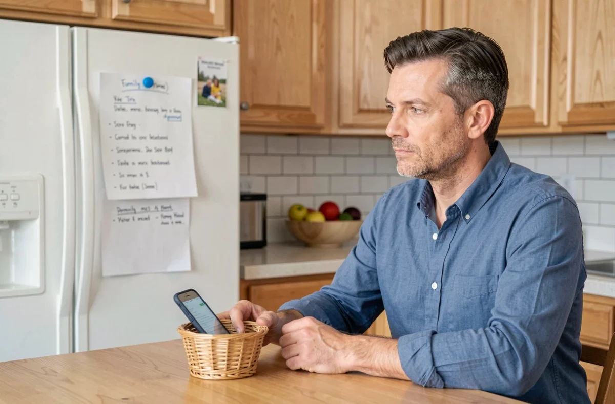 Père consultant un planning de gestion du temps d'écran affiché dans la cuisine familiale avec les téléphones rangés dans un panier