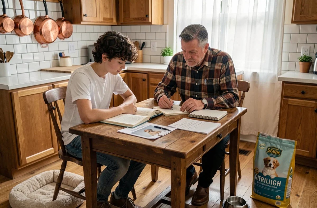 Père et fils adolescent préparant l'arrivée d'un animal de compagnie à la maison autour d'une table de cuisine
