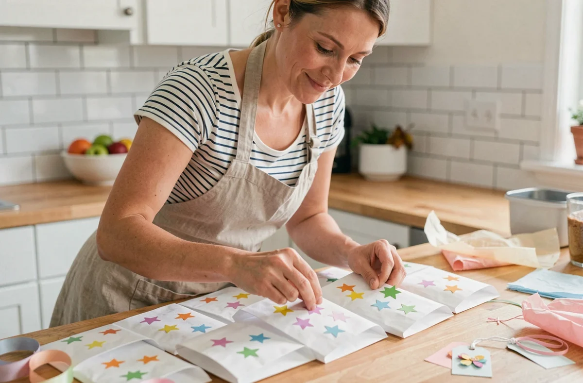 Mère préparant des pochettes-surprises décorées avec des autocollants colorés dans une cuisine familiale avant une fête d'anniversaire