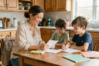 Mère et enfants préparant la rentrée scolaire autour d'une table en bois avec une liste de fournitures