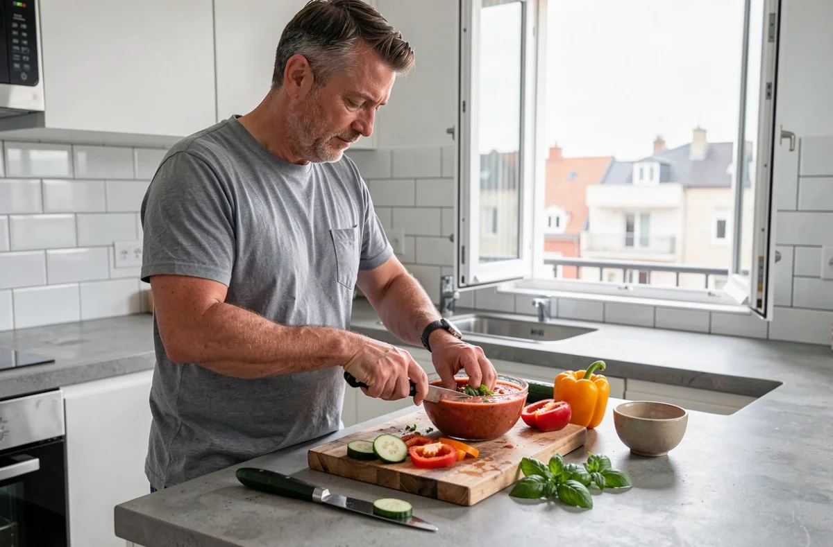 Homme préparant une soupe froide gazpacho dans une cuisine moderne, adaptation culinaire aux fortes chaleurs estivales