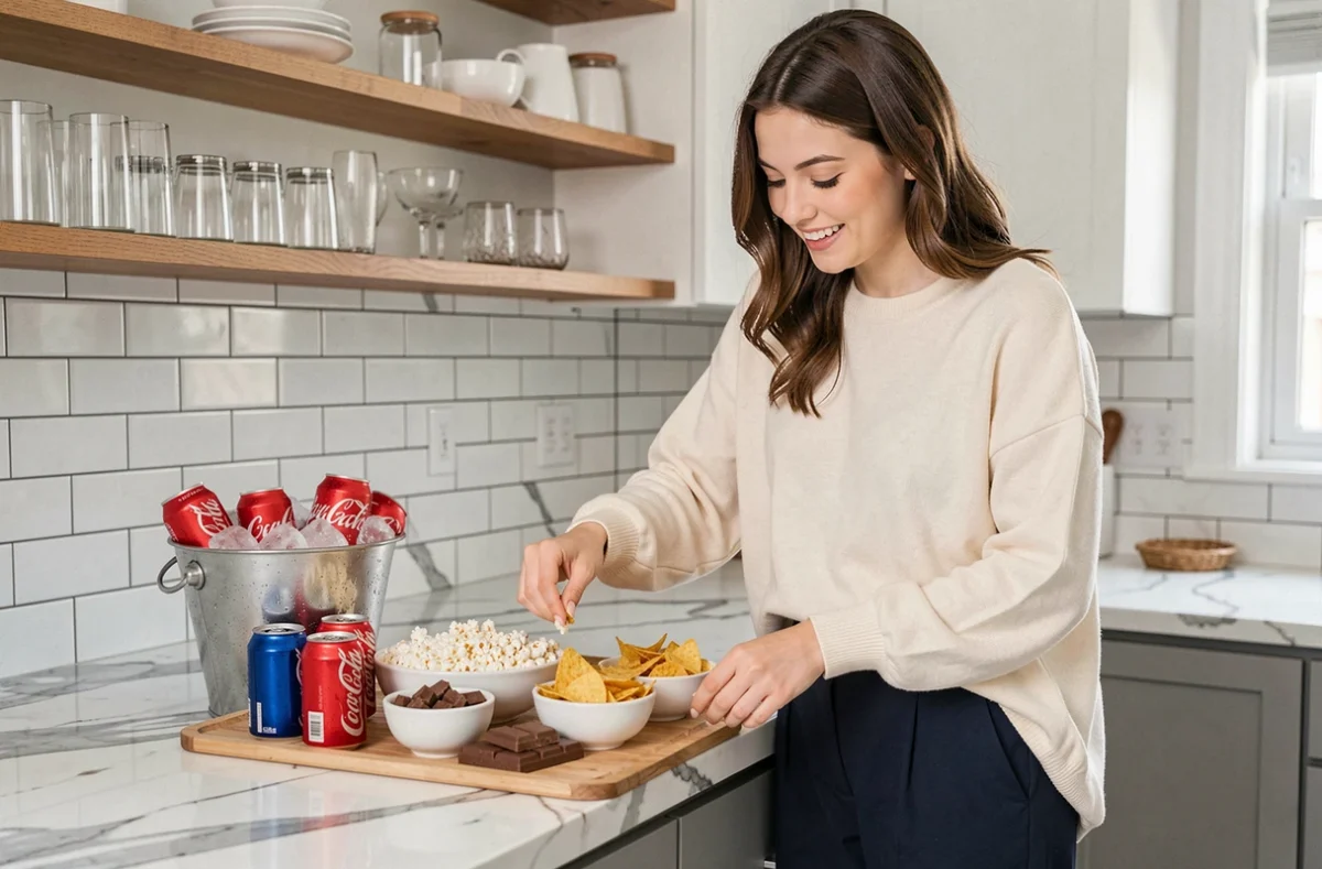 Jeune femme préparant un plateau de snacks variés pour une soirée cinéma à la maison