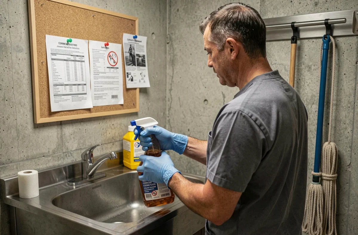 Technicien hospitalier préparant une solution désinfectante concentrée dans une réserve de nettoyage