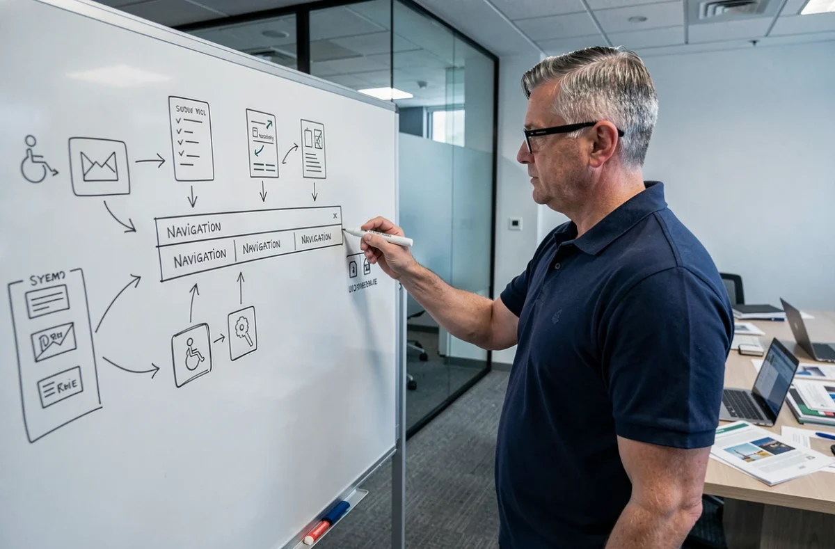 Expert en design présentant des normes d'interface utilisateur sur un tableau blanc avec des schémas de composants UI