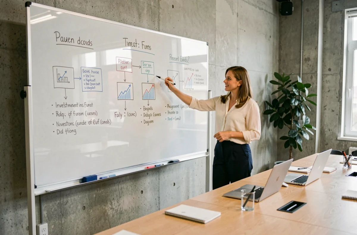 Professionnelle présentant les différents types de fonds d'investissement sur un tableau blanc en salle de réunion