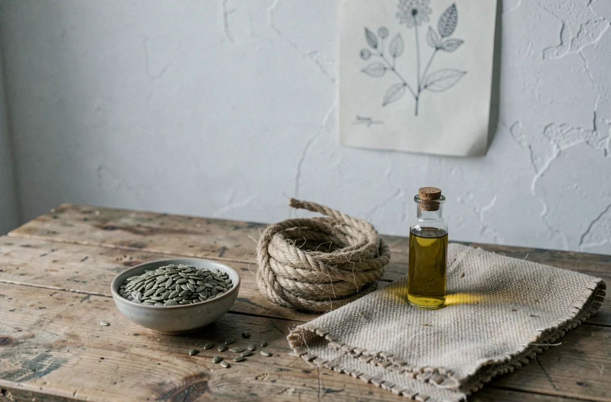 Assortiment de produits issus du chanvre industriel sur une table en bois, incluant graines, huile, textile et corde, pour illustrer les usages variés du chanvre