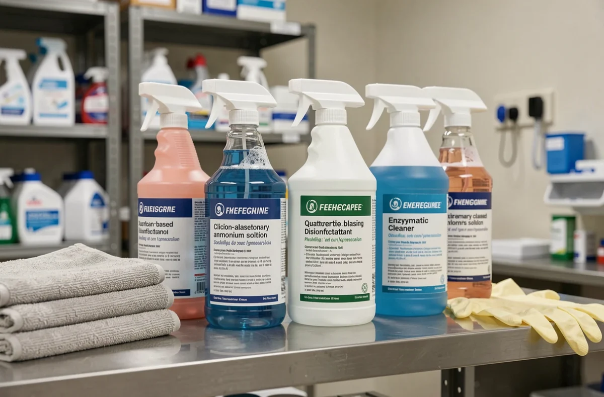 Bouteilles de produits désinfectants hospitaliers sur une étagère en acier inoxydable dans une réserve médicale