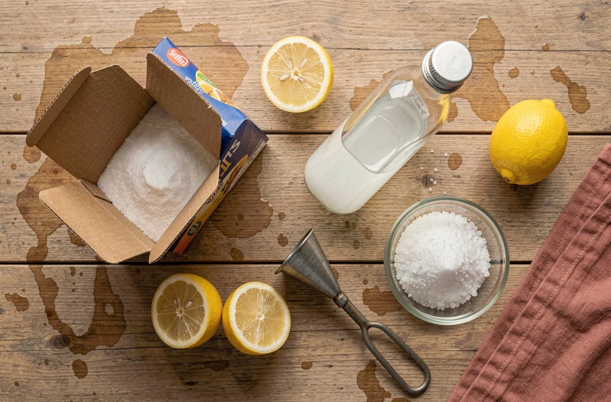 Vue du dessus des ingrédients naturels du placard pour entretenir les canalisations : vinaigre, bicarbonate, citron et sel