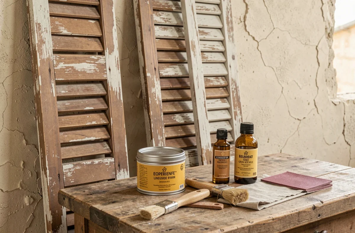 Produits naturels pour l'entretien des volets en bois sans produits chimiques : cire d'abeille, huile de lin, brosses naturelles et papier de verre disposés sur un établi