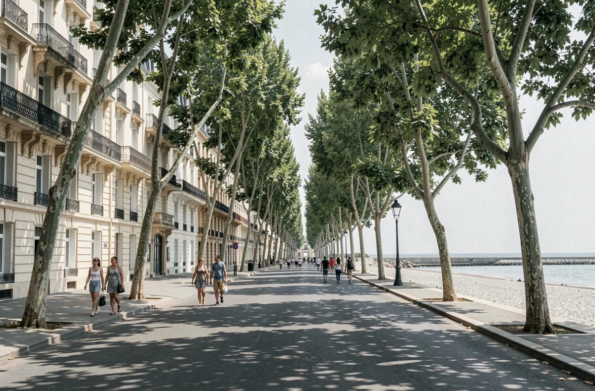 Promenade balnéaire d'une ville côtière française accessible depuis Paris en train, avec façades Belle Époque et vue sur la mer