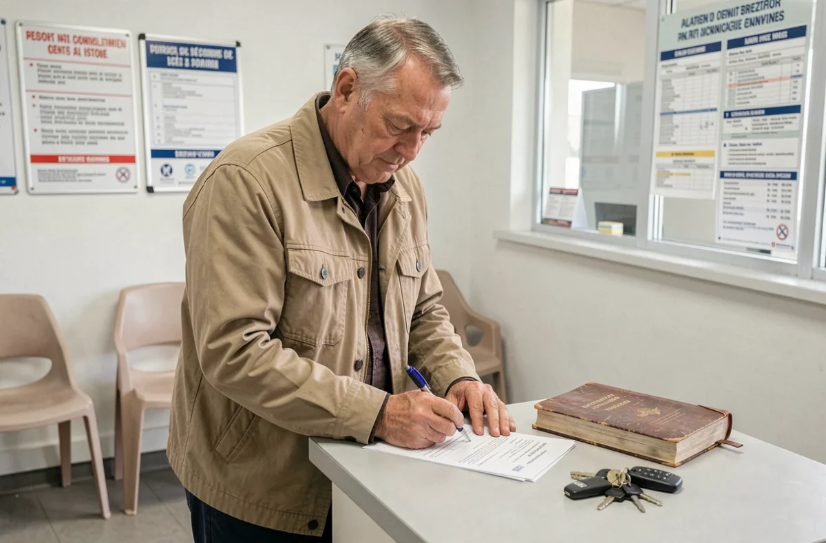 Propriétaire de voiture de collection examinant les documents du contrôle technique au guichet