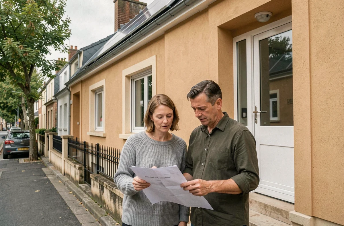 Couple de propriétaires devant leur maison rénovée avec isolation et panneaux solaires, symbolisant la plus-value immobilière après rénovation énergétique