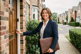 Agent immobilier femme faisant de la prospection porte-à-porte dans un quartier résidentiel