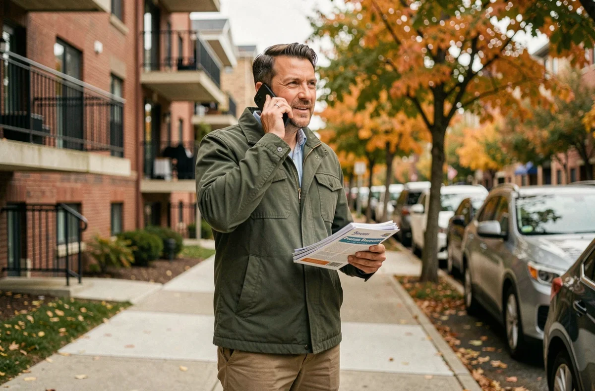 Agent immobilier en prospection téléphonique dans la rue avec des flyers de prospection