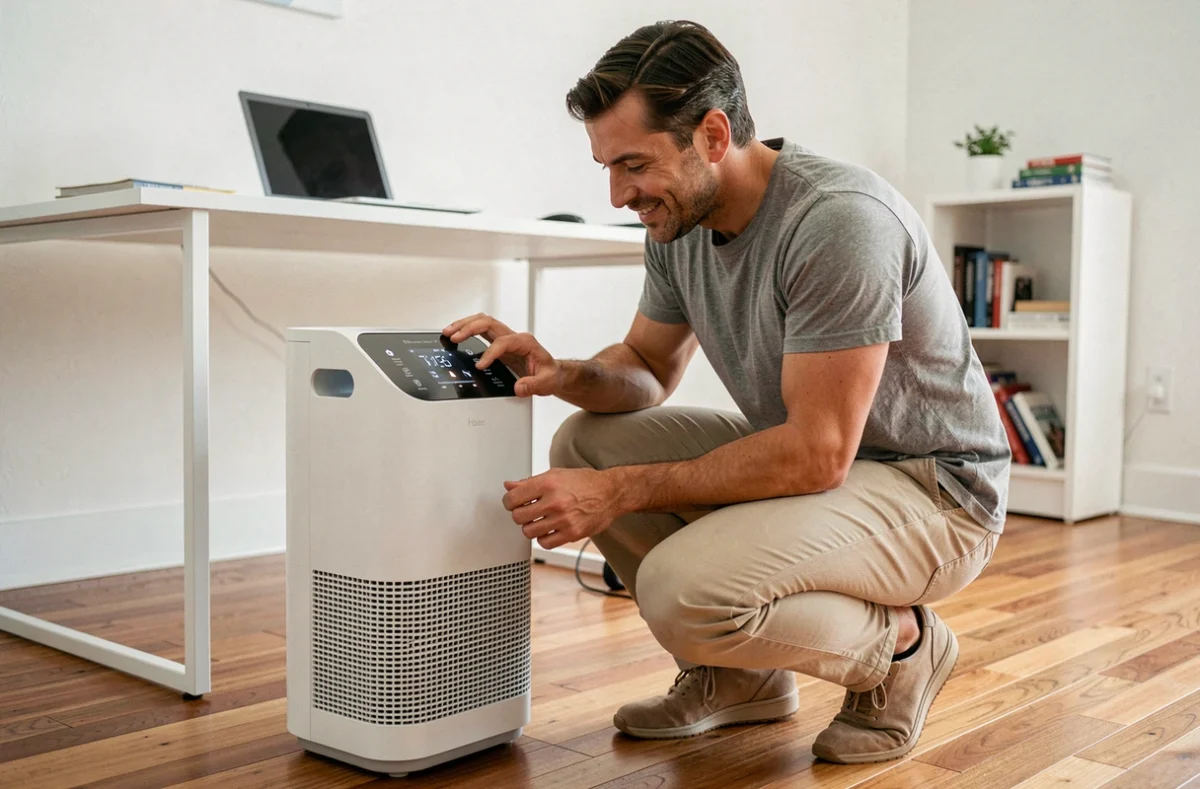 Homme vérifiant un purificateur d'air HEPA dans un bureau à domicile pour lutter contre la poussière