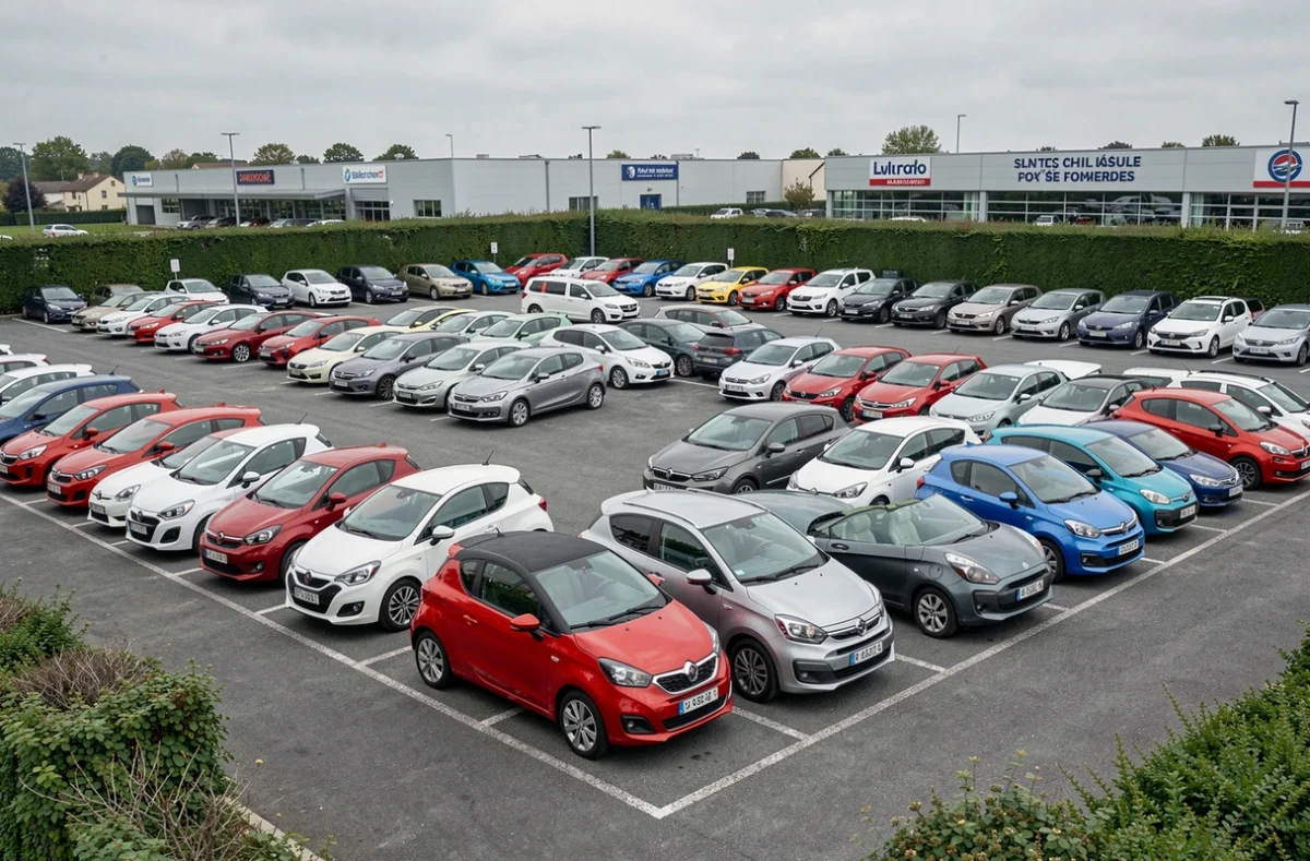 Rangées de voitures compactes exposées dans un concessionnaire automobile en périphérie française