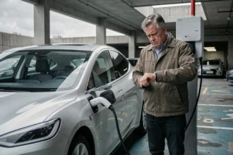 Homme frustré attendant la recharge de sa voiture électrique dans un parking urbain