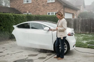Femme branchant le câble de recharge d'une voiture électrique blanche dans une allée résidentielle le matin