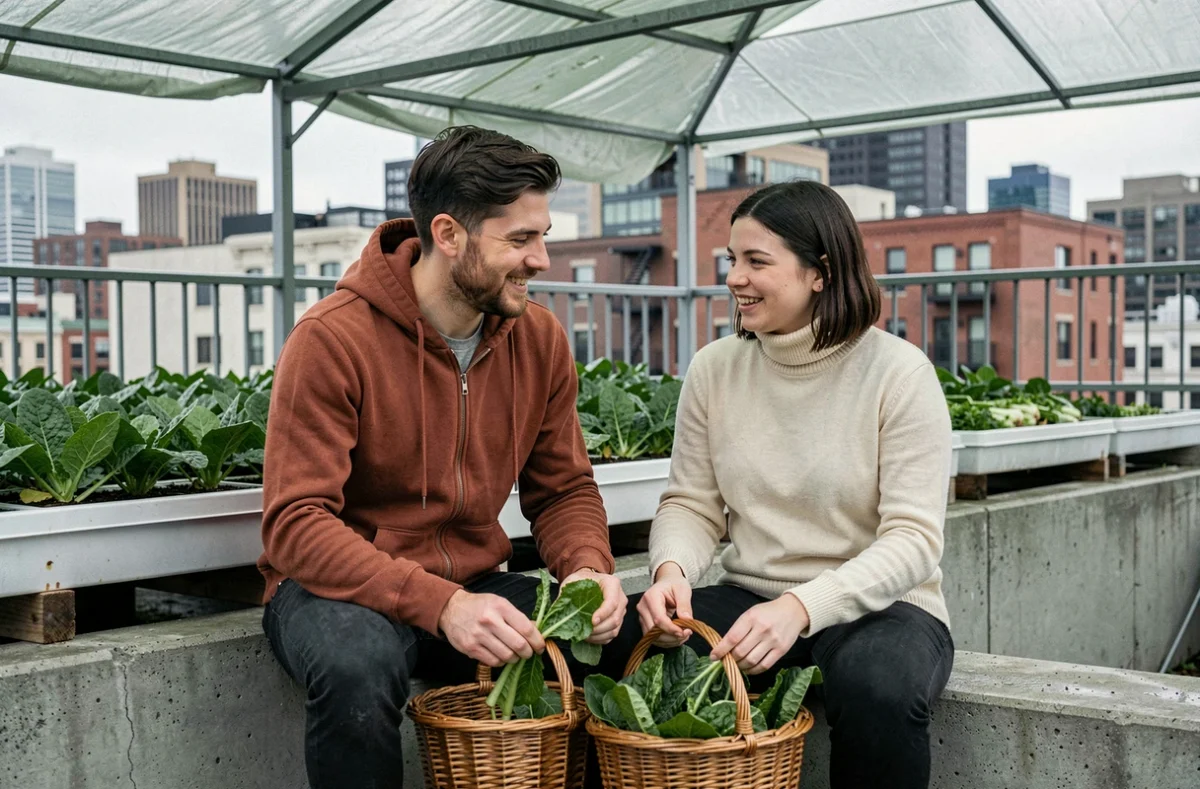 Deux jeunes adultes récoltant des légumes feuilles sur un toit-terrasse agricole urbain, agriculture urbaine collaborative