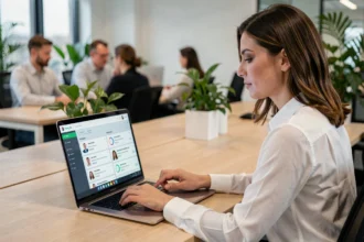 Recruteuse analysant des profils de candidats sur un tableau de bord IA dans un bureau moderne