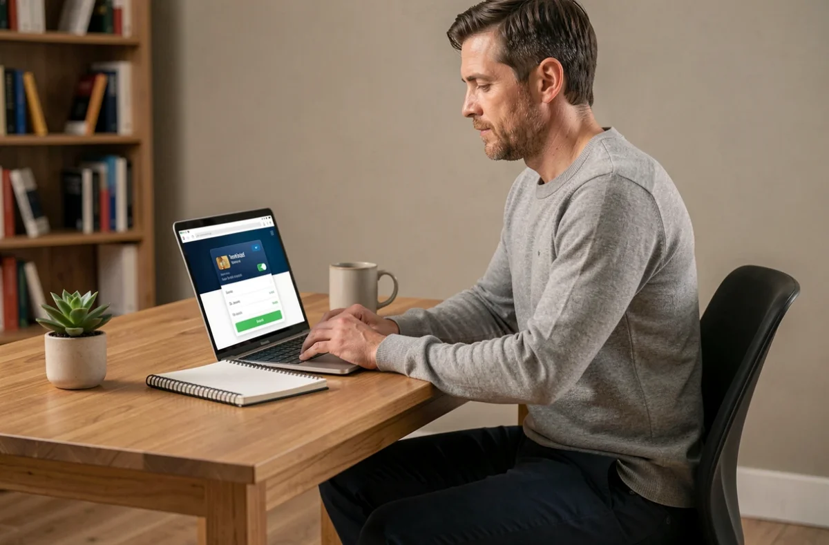 Homme gérant le retrait de fonds depuis une application BIRD sur un ordinateur portable dans un bureau à domicile