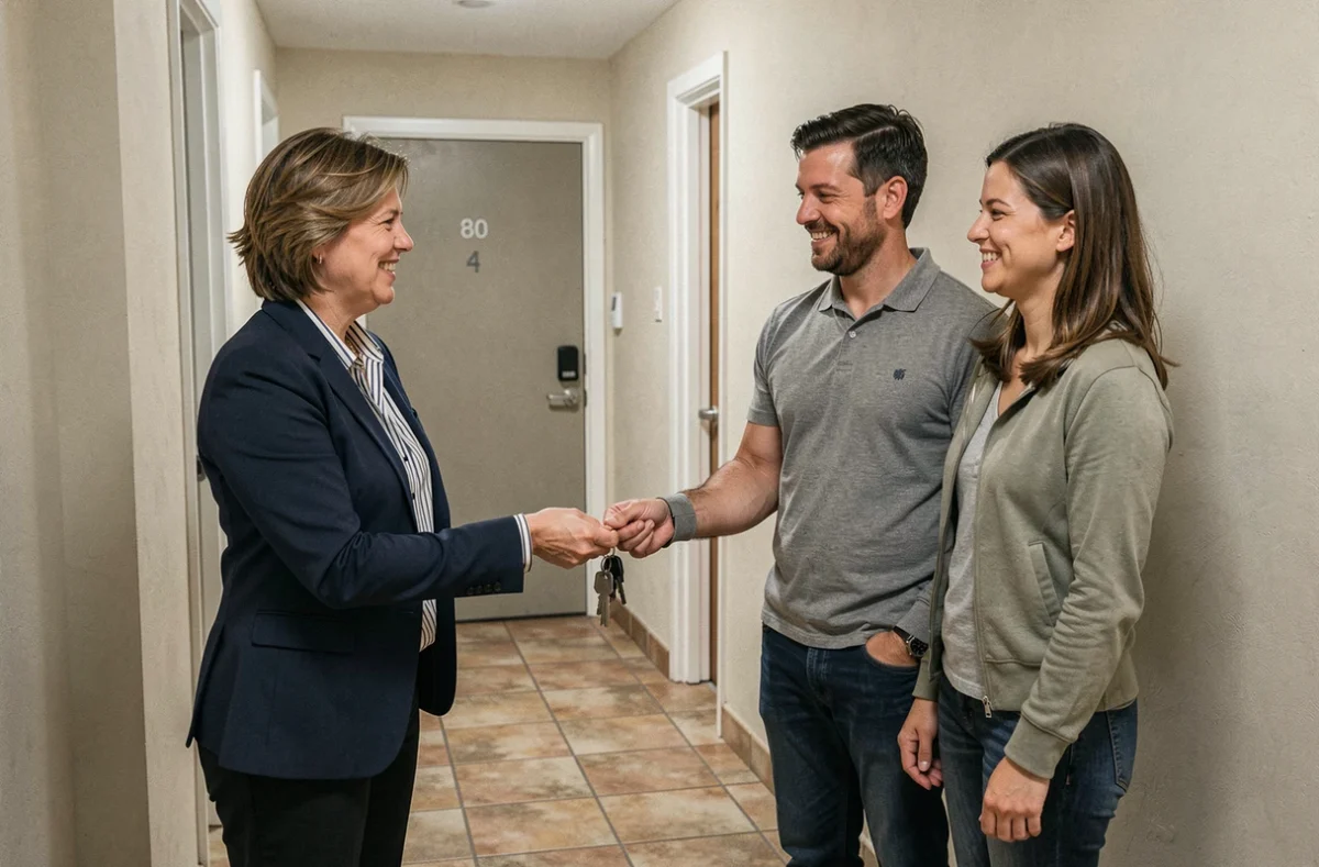 Agent immobilier remettant les clés d'un appartement à deux co-titulaires du bail dans un couloir d'immeuble résidentiel