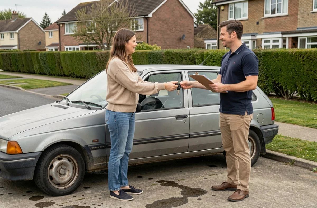 Femme remettant les clés de sa vieille voiture à un acheteur professionnel dans une allée résidentielle