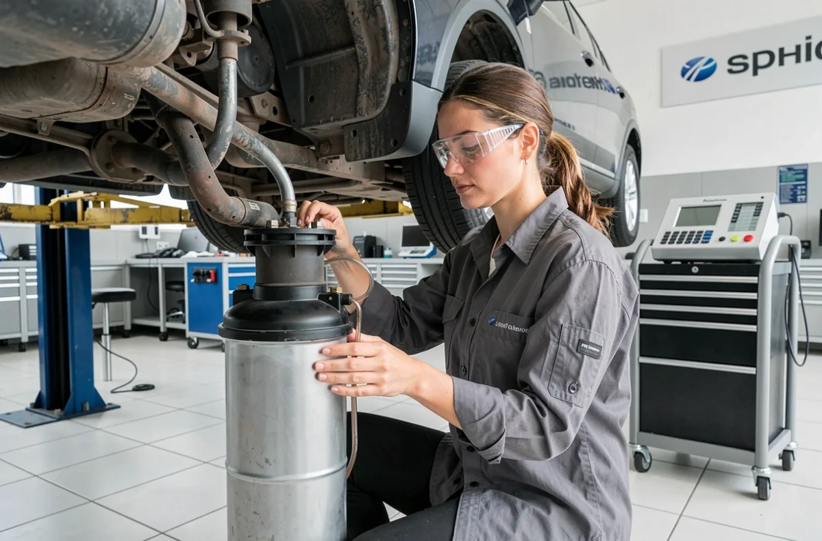 Technicienne automobile remplaçant le filtre à carburant d'un moteur diesel dans un centre de service agréé