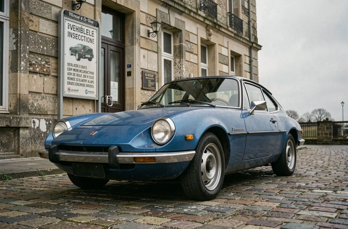 Renault Alpine A110 de collection garée devant un centre de contrôle technique en France
