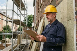 Artisan du bâtiment inspectant des panneaux d'isolation thermique sur la façade d'un immeuble en cours de rénovation énergétique