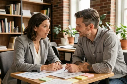Deux collègues discutent de la réorganisation du planning dans une petite entreprise suite à un congé parental