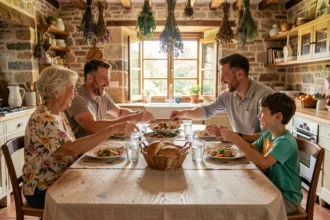 Famille multigénérationnelle réunie autour d'un grand repas dominical dans une cuisine de ferme française, parents et enfants qui rient et partagent des plats