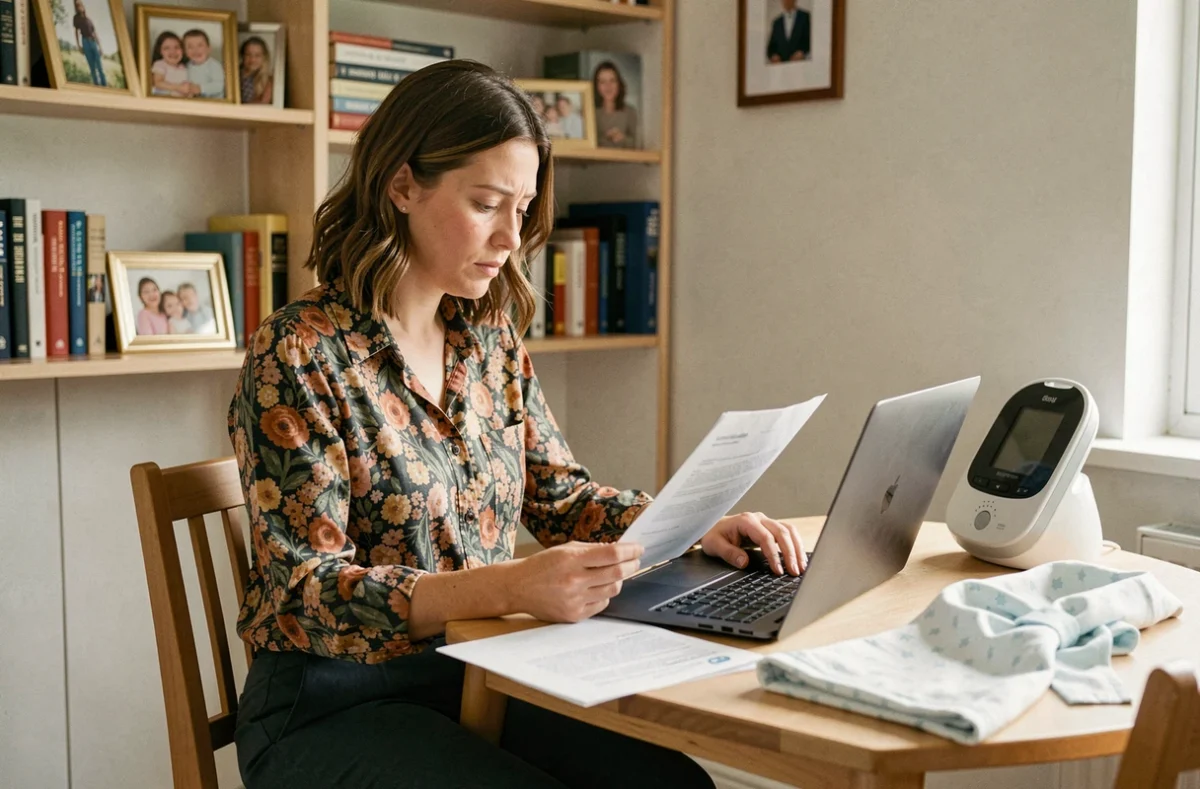 Une jeune mère en reprise professionnelle gère ses obligations administratives depuis son bureau à domicile après un congé parental