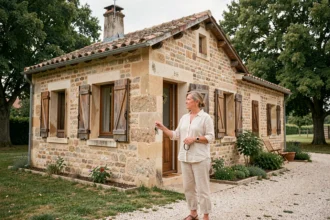 Femme devant sa résidence secondaire en pierre dans la campagne française, tenant des clés de maison