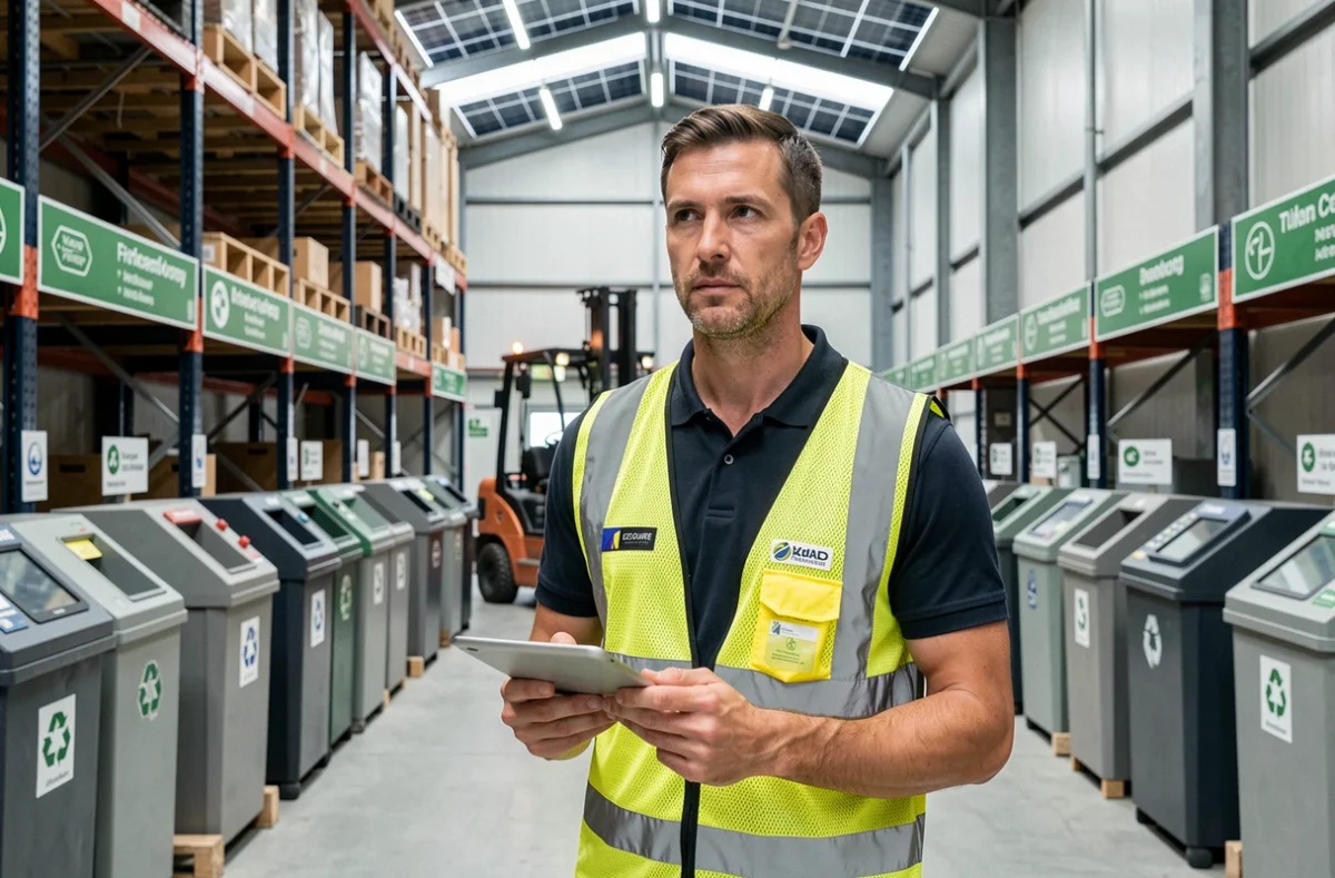 Responsable industriel inspectant les stations de tri des déchets et les équipements écologiques dans un entrepôt certifié