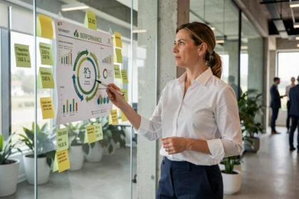 Responsable RSE pointant des indicateurs de performance environnementale sur un mur de données dans un bureau moderne