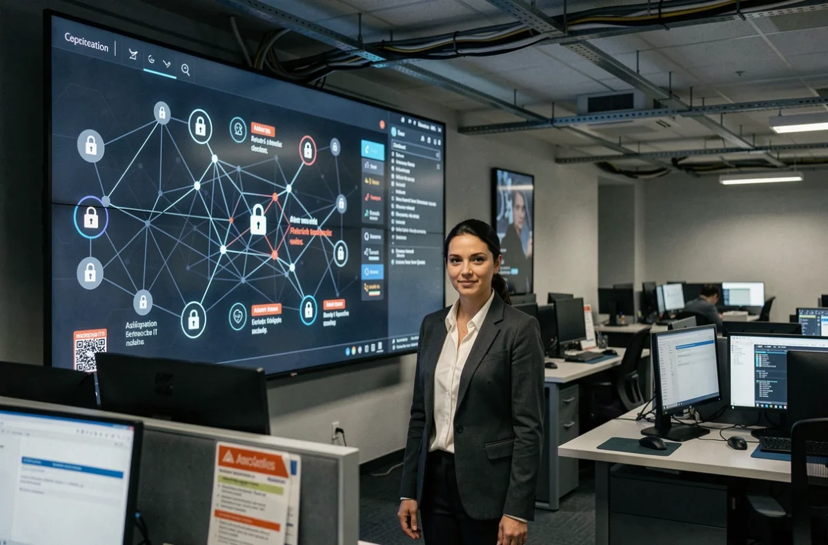 Responsable de la sécurité informatique devant un mur d'écrans dans un centre opérationnel de cybersécurité