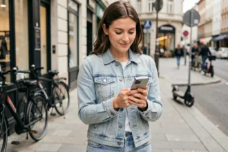 Femme consultant une application de paiement sur smartphone dans une rue avec des trottinettes électriques BIRD en arrière-plan