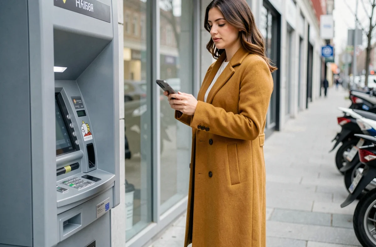 Femme effectuant un retrait bancaire lié à son solde BIRD à un distributeur automatique en ville