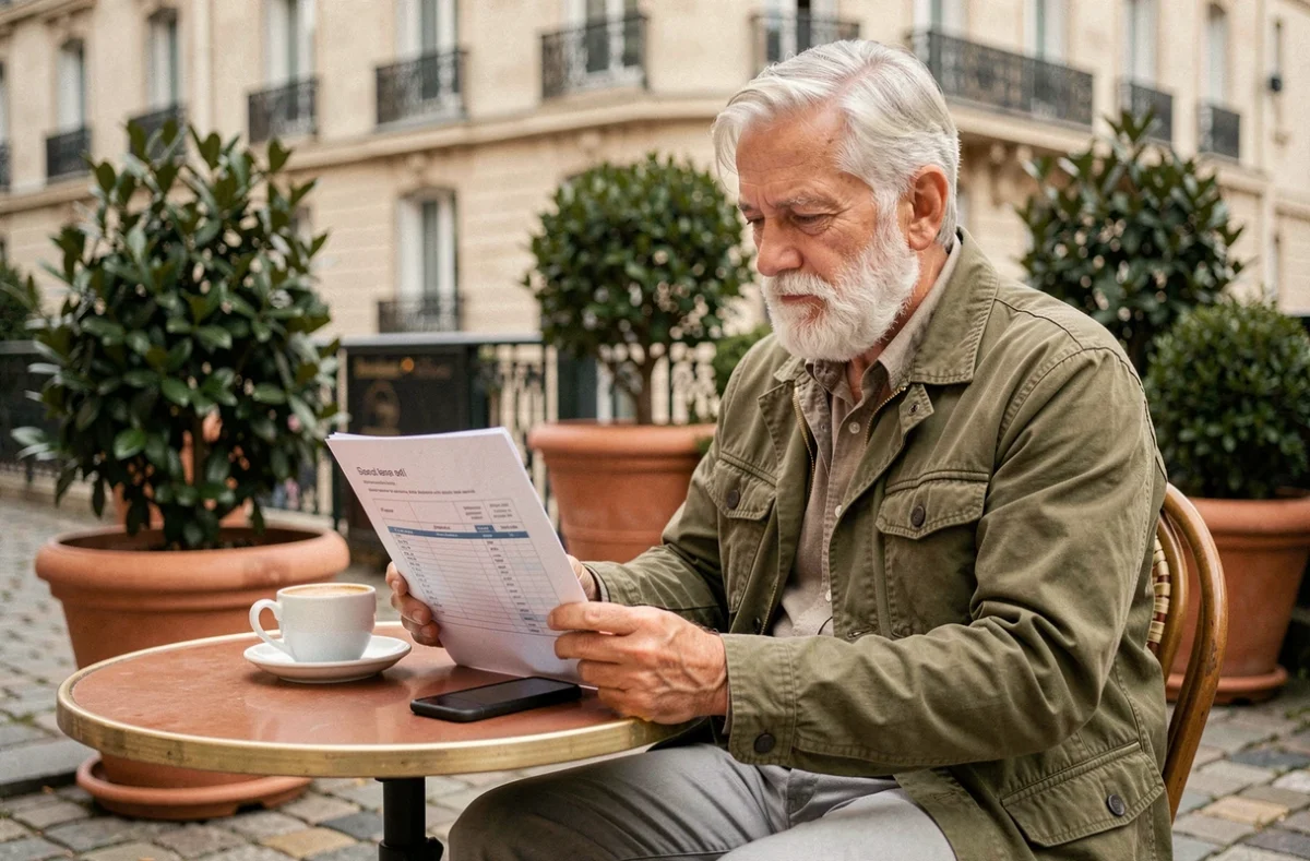Homme en retraite progressive consultant son planning dans un café parisien en extérieur