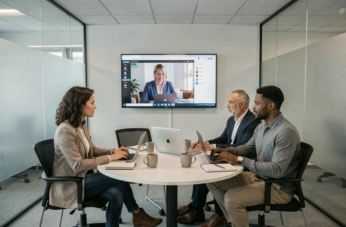 Équipe en réunion hybride collaborant avec un collègue en télétravail sur écran dans une salle de réunion moderne