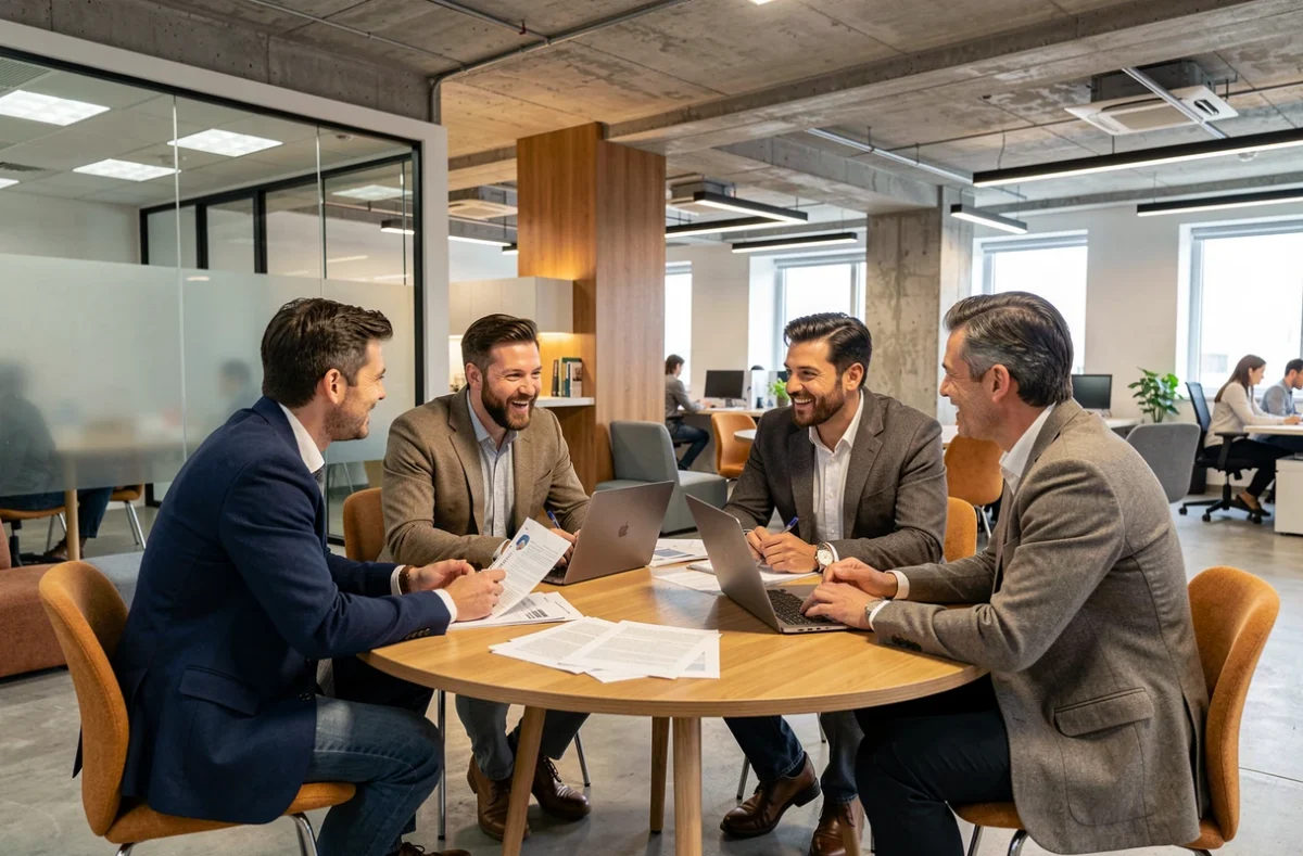 Groupe de collègues en réunion informelle dans un espace de travail repensé avec mobilier modulable et design contemporain