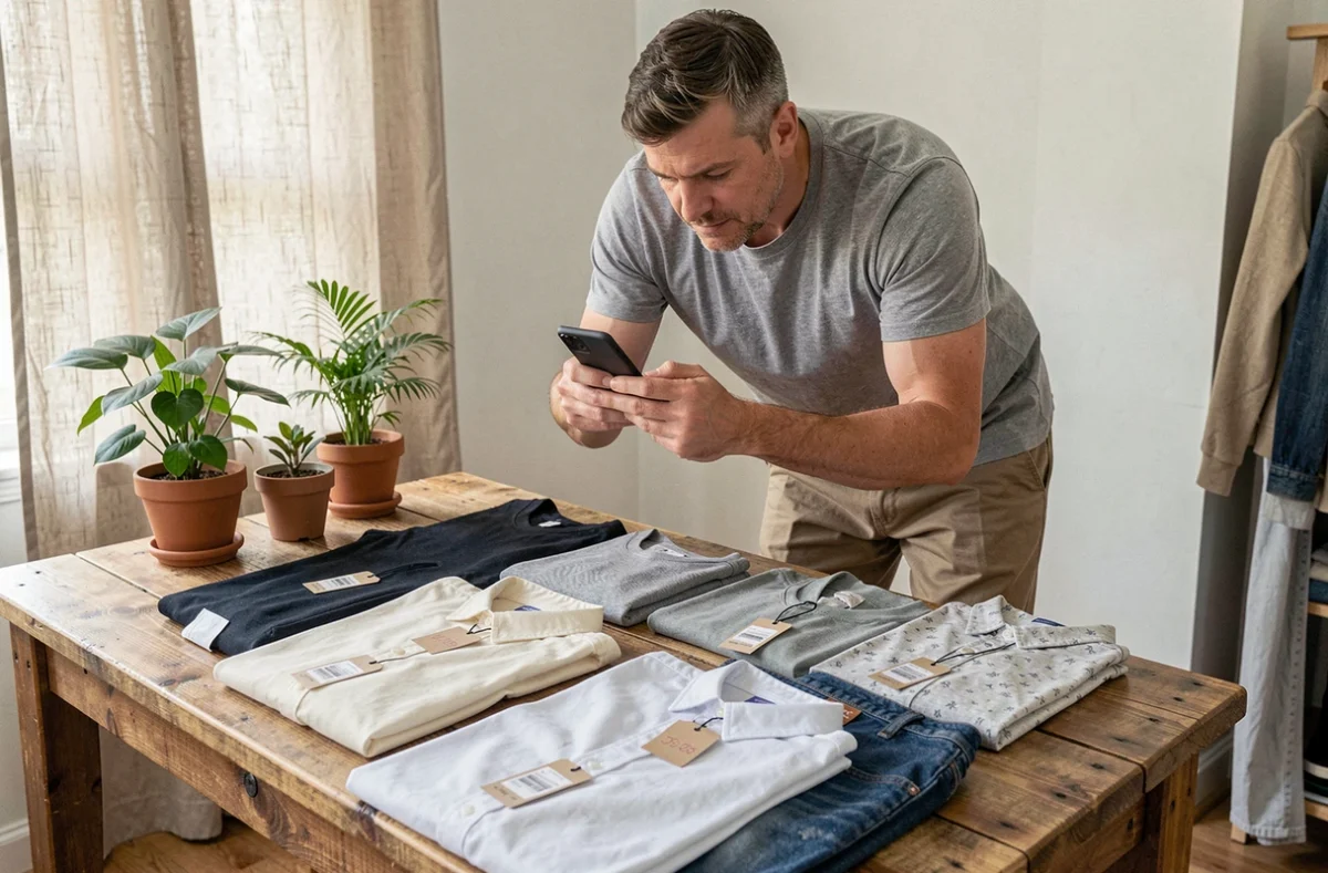 Homme photographiant des vêtements d'occasion pour les revendre en ligne depuis chez lui
