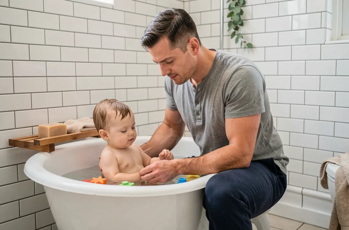 Papa donnant le bain du soir à son tout-petit dans une salle de bain épurée dans le cadre du rituel du coucher