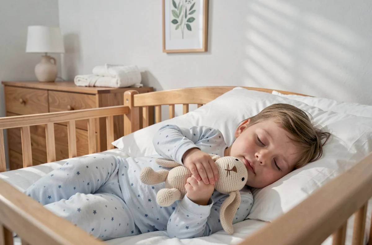 Tout-petit endormi dans son lit à barreaux en bois tenant un doudou en tricot lors du rituel du coucher apaisé
