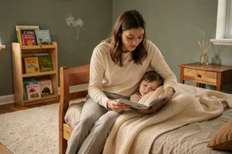 Maman lisant un livre illustré à son tout-petit au moment du coucher dans une chambre d'enfant chaleureuse et apaisante