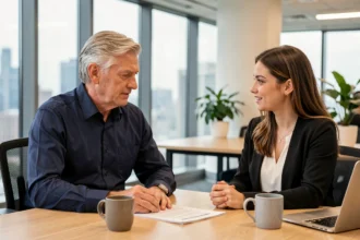 Salarié expérimenté en retraite progressive discutant avec une collègue dans un bureau moderne