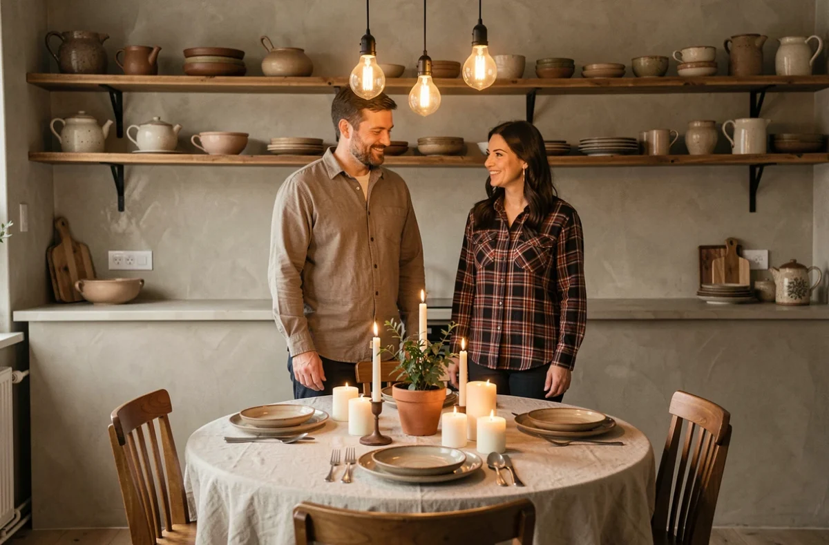Couple autour d'une table à dîner décorée de bougies et suspensions ambre dans une salle à manger chaleureuse