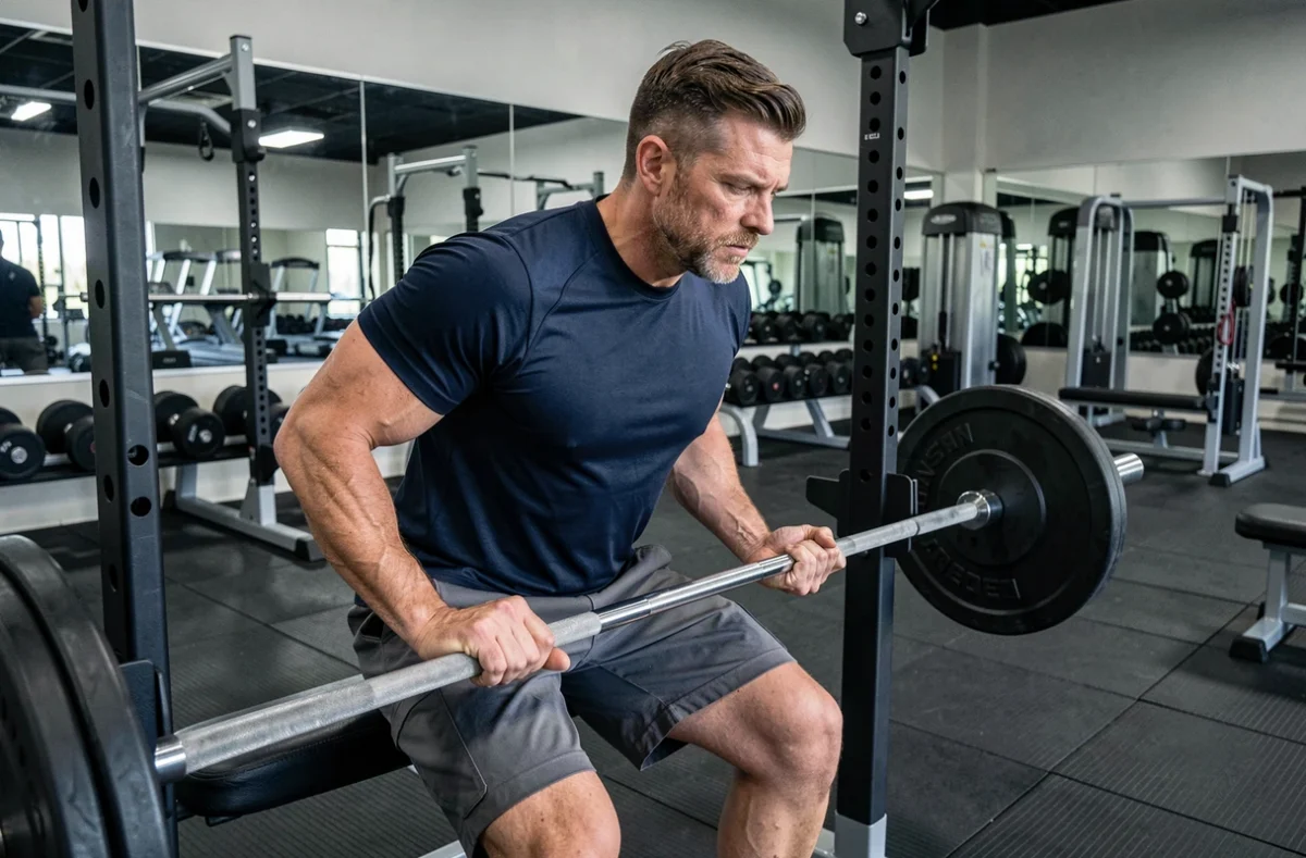 Homme soulevant une barre dans une salle de sport professionnelle équipée de machines et de miroirs