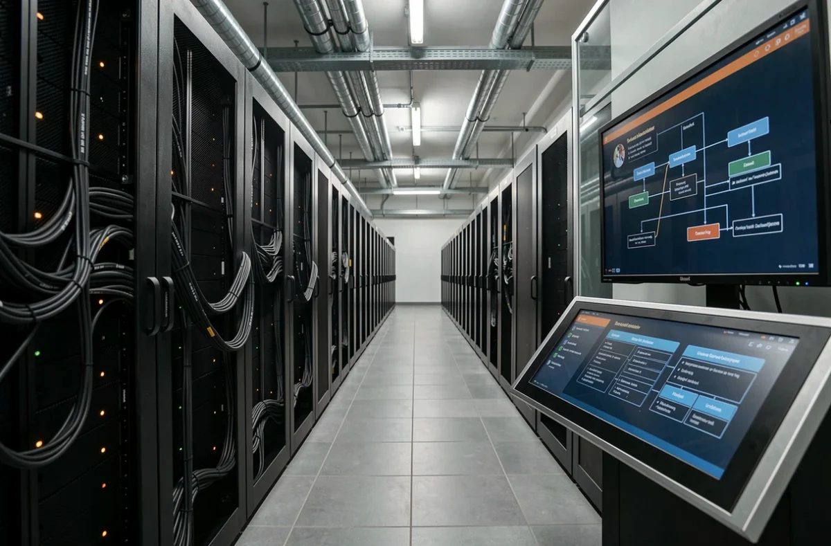 Salle de serveurs hébergeant d'immenses bases de données utilisées pour l'entraînement de modèles d'intelligence artificielle comme ChatGPT
